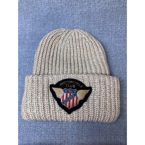 Unisex Motorcycle Riders Patch Beanie Chunky Knit Tan Winter Hat Cuff Style - Picture 3 of 4